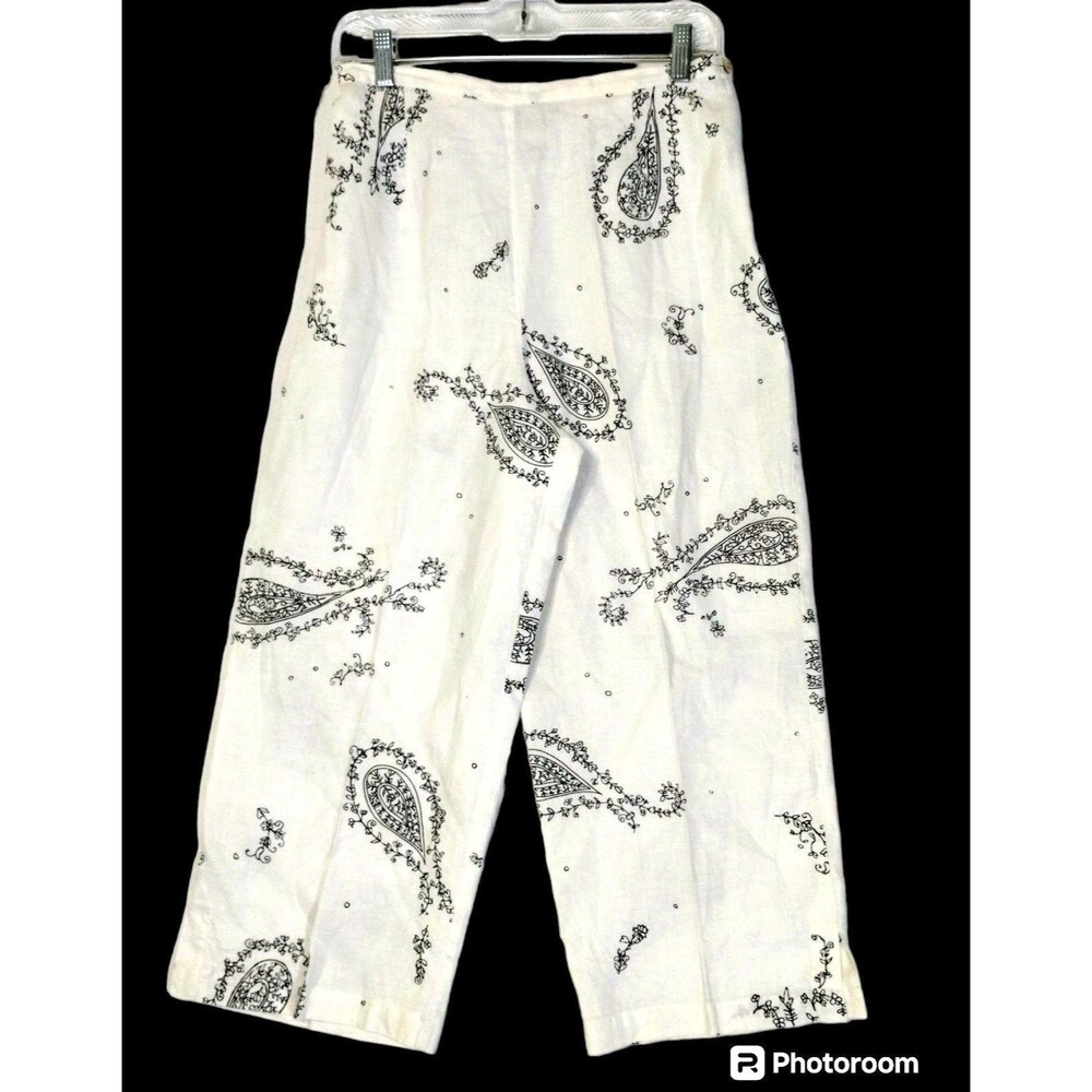 Linen Wide Leg Crop Pants White Black Paisley Size Medium Resort Old Money